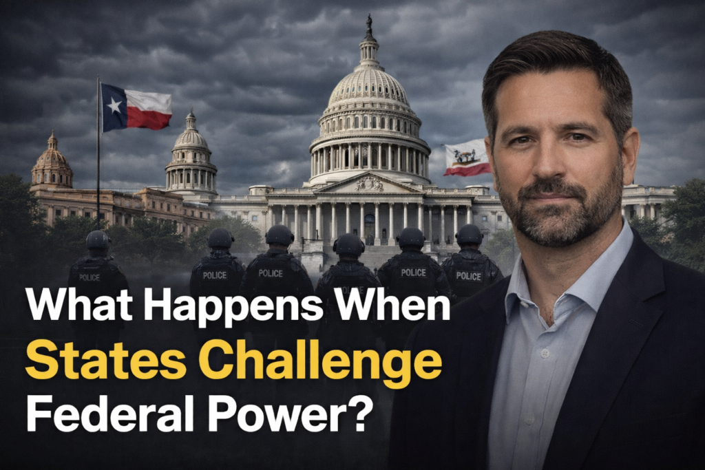 States rights vs federal power illustrated with U.S. Capitol building, state flags, and law enforcement symbolizing constitutional conflict