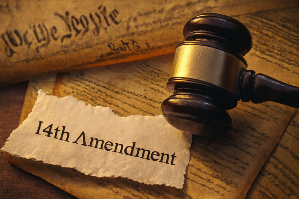 "Image of a gavel and torn '14th Amendment' paper, symbolizing what the 14th Amendment really means for citizens today."