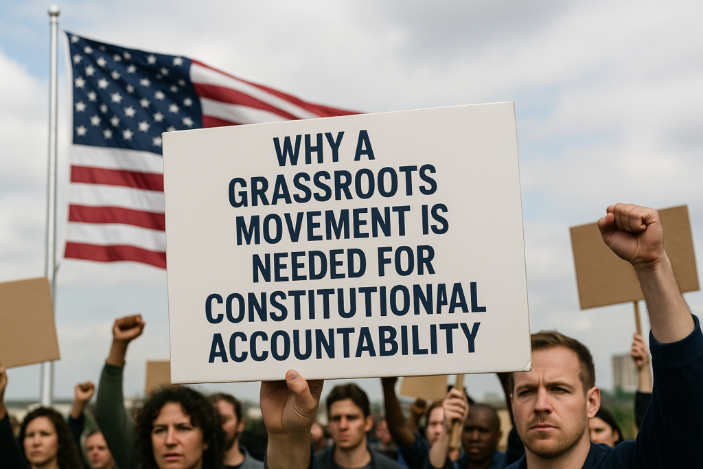 Why a Grassroots Movement Is Needed for Constitutional Accountability shown through a realistic protest scene with citizens holding signs in front of the American flag, symbolizing civic action and democratic oversight.
