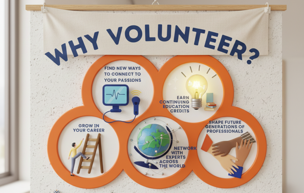 An Inteleos infographic titled 'Why Volunteer?' featuring five key benefits: passion, education credits, career growth, global networking, and mentorship.