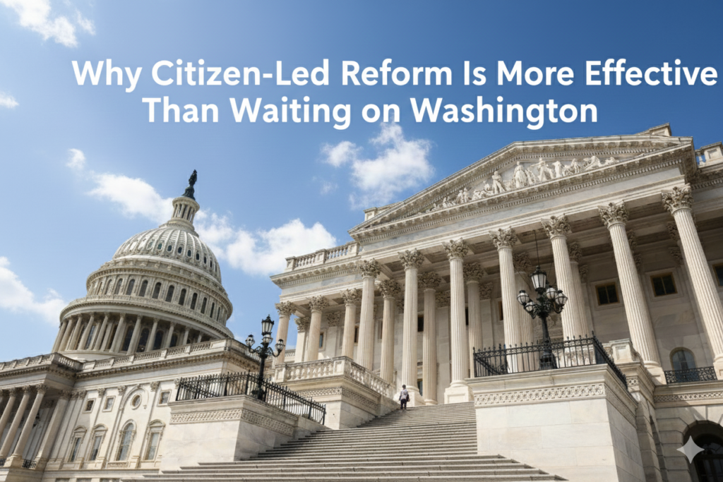 A group of community members organizing local changes, illustrating the direct impact of grassroots action over federal gridlock.