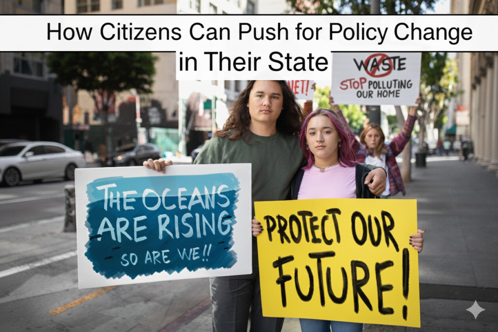 An illustration showing citizens and a legislator collaborating in front of a state capitol building to represent grassroots advocacy