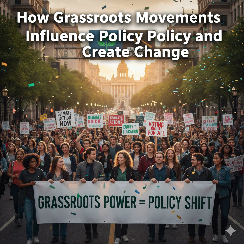 A diverse crowd of activists marching toward a capitol building holding a banner that reads 'GRASSROOTS POWER = POLICY SHIFT.' The scene features various protest signs for climate and voting rights, with a digital sign overhead confirming 'NEW LAWS ENACTED' to show the direct impact of their movement on policy.