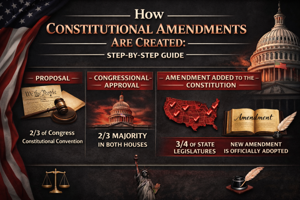 Black and red infographic showing steps of constitutional amendments in the United States.