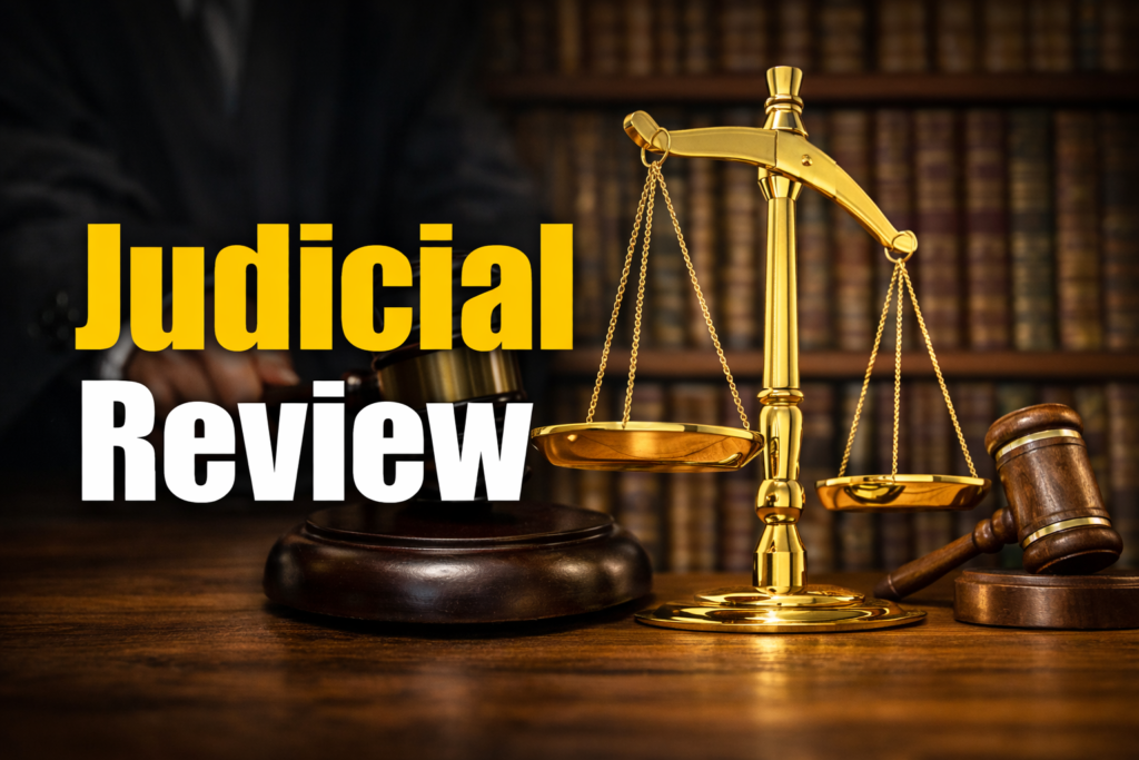 Judicial review concept image with scales of justice and courtroom law books in the background