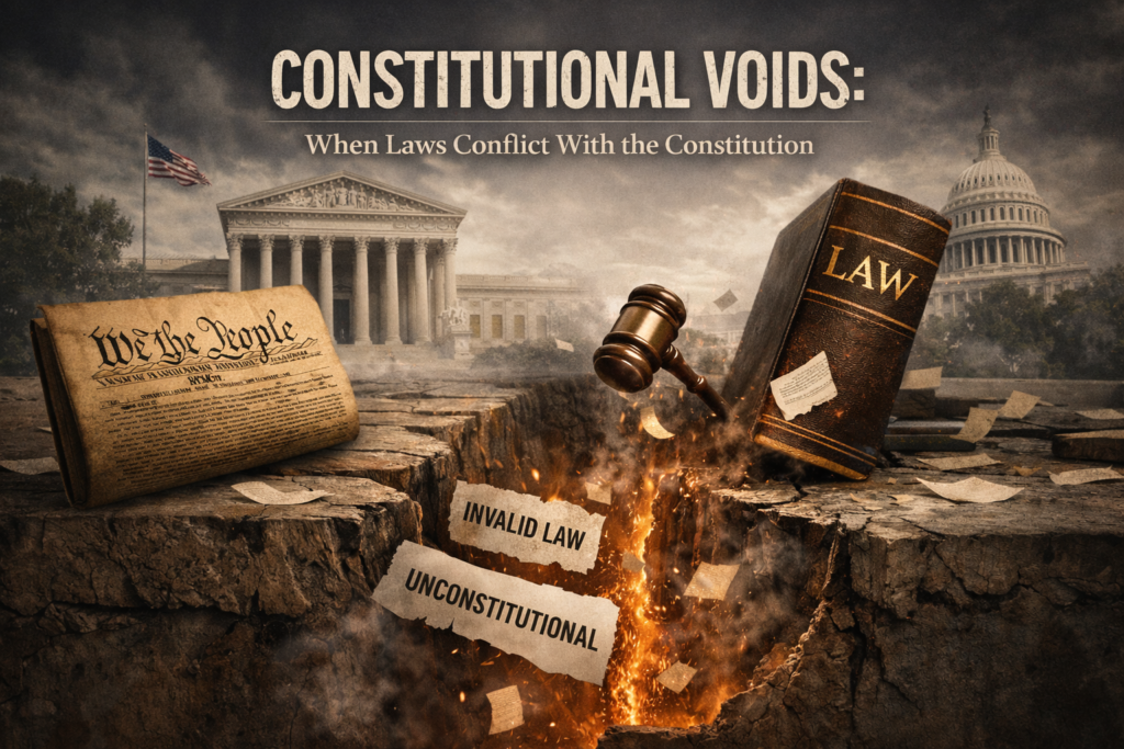 Constitutional rights illustrated by the U.S. Constitution and a law book separated by a fiery legal divide, symbolizing unconstitutional laws being voided under constitutional law.
