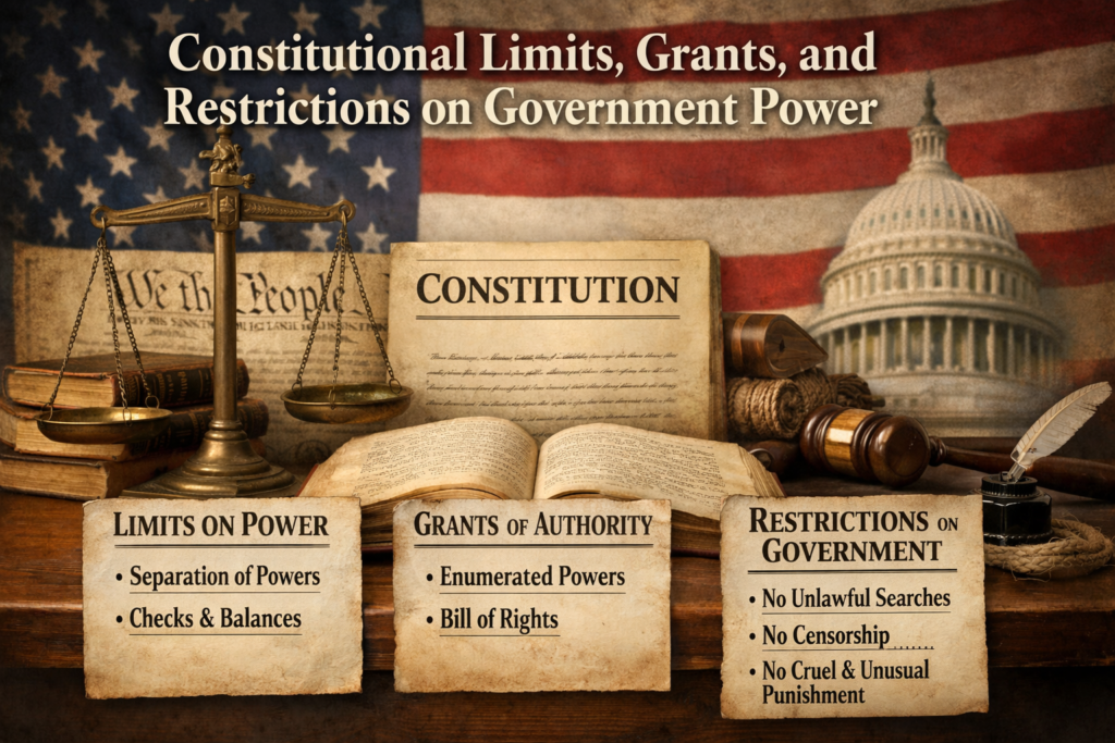 Realistic illustration of constitutional rights showing the U.S. Constitution, scales of justice, and government symbols representing limits, grants, and restrictions on government power.