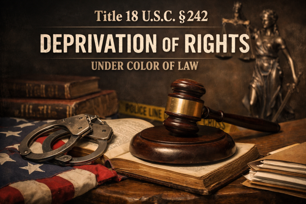 Realistic legal scene illustrating enforcement of constitutional rights under Title 18 USC §242 with gavel, handcuffs, and American justice symbols.