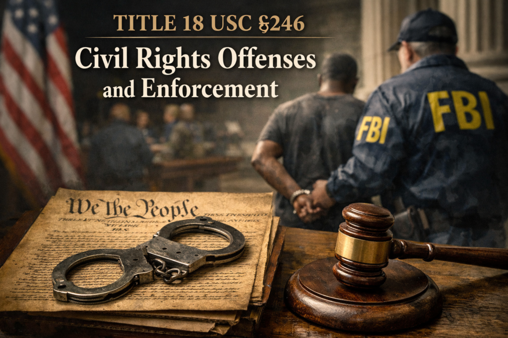 Realistic courtroom scene symbolizing constitutional rights enforcement, showing the U.S. Constitution, gavel, handcuffs, and federal law enforcement representing civil rights offenses under Title 18 USC §246.
