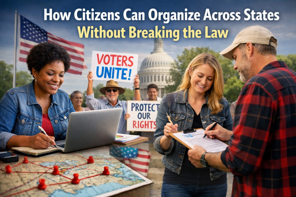 Citizens organizing peacefully across U.S. states to protect constitutional rights through lawful civic participation, collaboration, and democratic action.