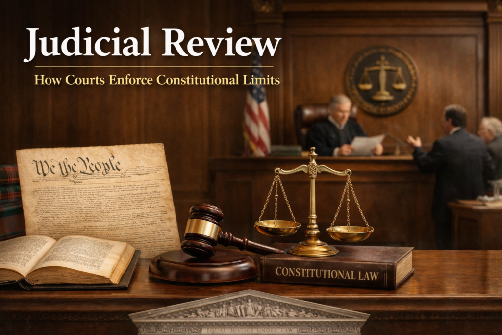 Courtroom scene with judge and Constitution showing constitutional rights.