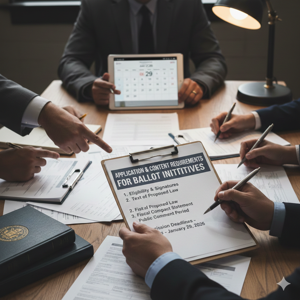 A professional overhead view of a legal team reviewing a document titled "Application & Content Requirements for Ballot Initiatives" on a clipboard, surrounded by pens, folders, and a digital calendar.
