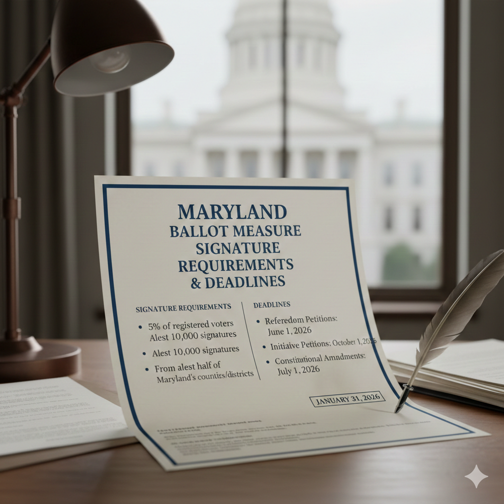 A close-up of an official document titled "Maryland Ballot Measure Signature Requirements & Deadlines" resting on a wooden desk. A quill pen stands in an inkwell nearby, with a blurred image of the Maryland State House visible through a window in the background.