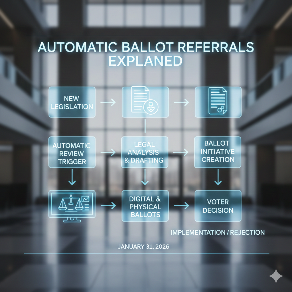 A professional infographic flowchart titled 'Automatic Ballot Referrals Explained.' It shows the step-by-step process from new legislation and automatic review triggers to legal drafting, ballot creation, and the final voter decision.