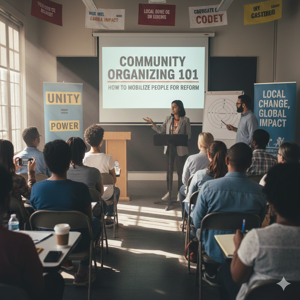 Community Organizing 101: How to Mobilize People for Reform." Banners emphasize "Unity = Power" and "Local Change, Global Impact.