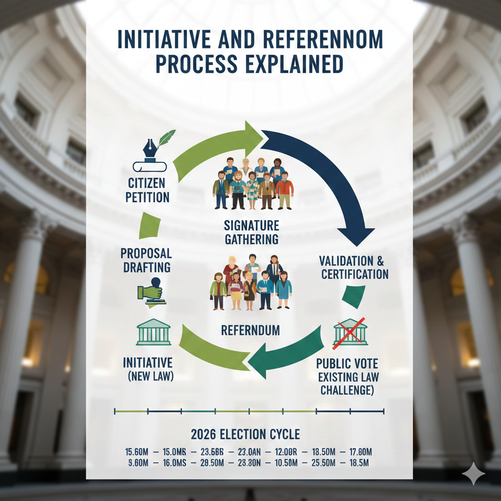 "Initiative and Referendum Process Explained" set against a capitol building interior. It uses a circular flow chart with icons and labels to illustrate steps including Proposal Drafting, Citizen Petition, Signature Gathering, Validation, and Public Vote. A timeline at the bottom references the 2026 Election Cycle.