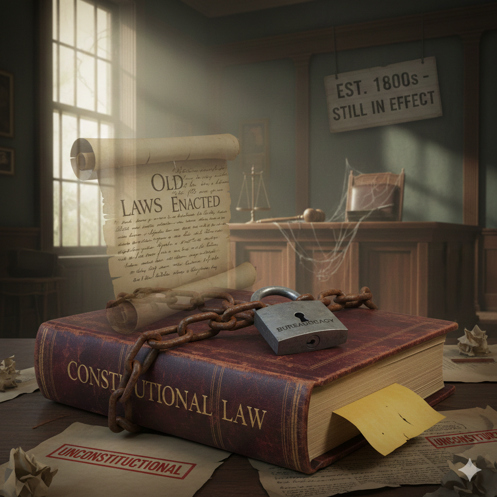 A heavy 'Constitutional Law' book wrapped in chains and a 'Bureaucracy' padlock. Around it lie papers stamped 'UNCONSTITUTIONAL.' In the background, a cobwebbed courtroom holds a sign saying 'EST. 1800s - STILL IN EFFECT,' symbolizing how old laws remain in written record even when they are no longer legal.