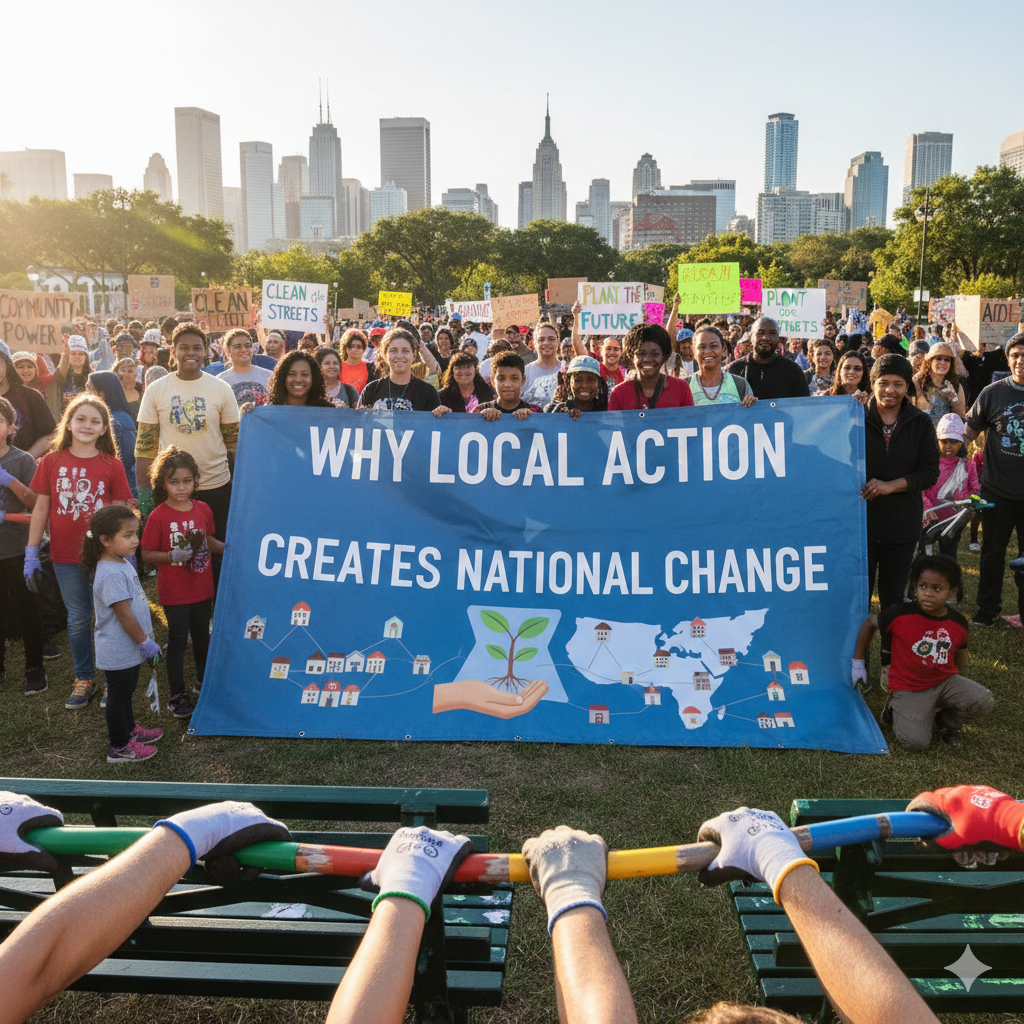 A diverse group of people in a city park holding a large blue banner that reads, "Why Local Action Creates National Change," with a city skyline in the background.