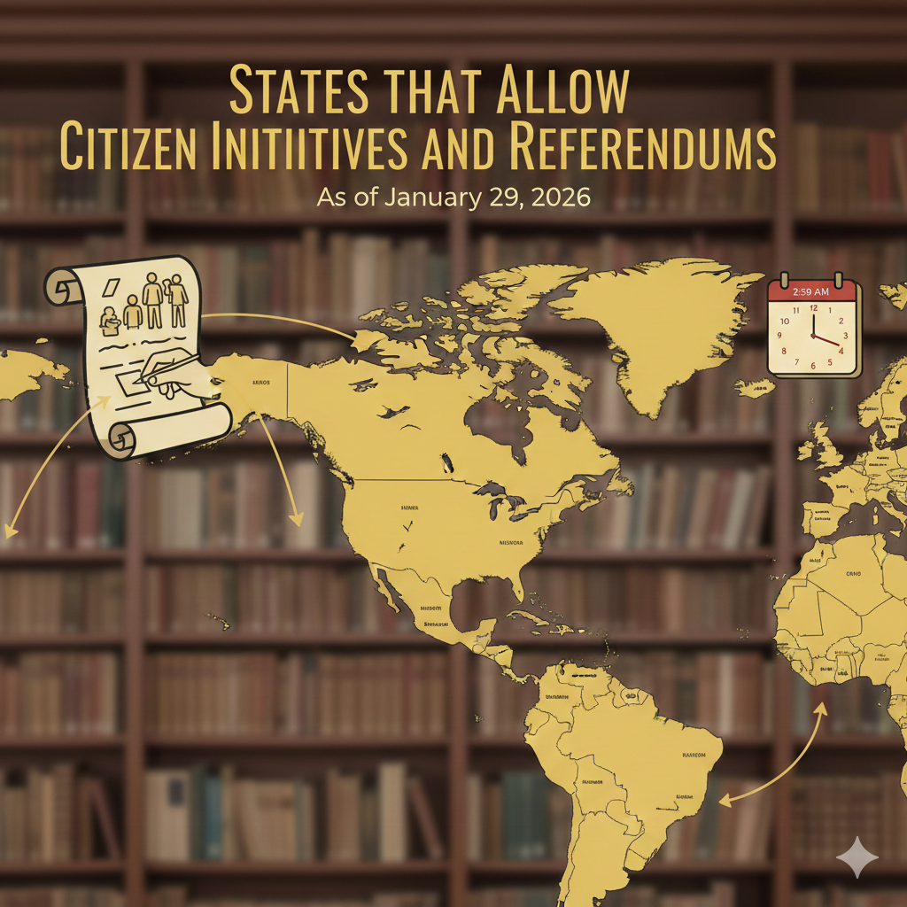 Graphic titled 'States That Allow Citizen Initiatives and Referendums' featuring a gold world map over a blurred library background, with an icon showing a hand signing a petition scroll