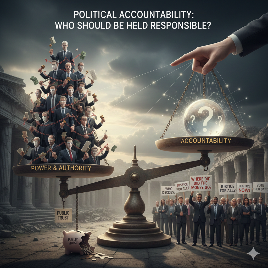 Public Trust" piggy bank spills coins, while a crowd of citizens holds protest signs in front of a government building, questioning who is responsible for systemic corruption.