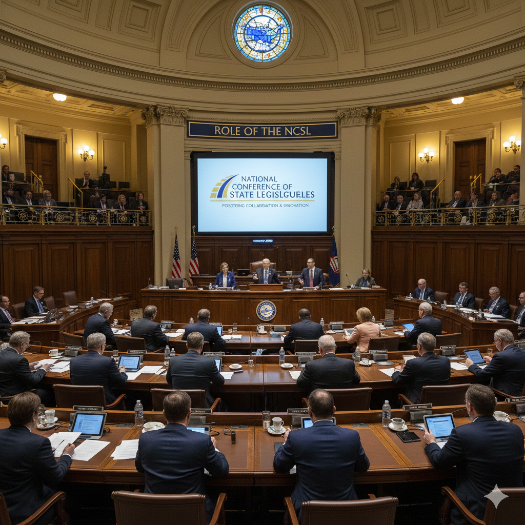 A formal legislative chamber session for the National Conference of State Legislatures (NCSL) featuring representatives in a wood-paneled assembly hall.