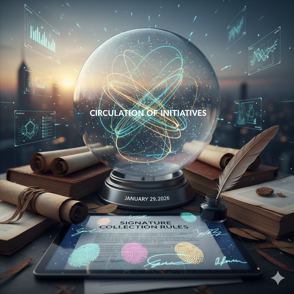 Below it, a digital tablet shows a document titled "SIGNATURE COLLECTION RULES" with colorful thumbprints and digital signatures. The scene is surrounded by traditional scrolls, old books, and a quill pen, blending classic law with modern technology.