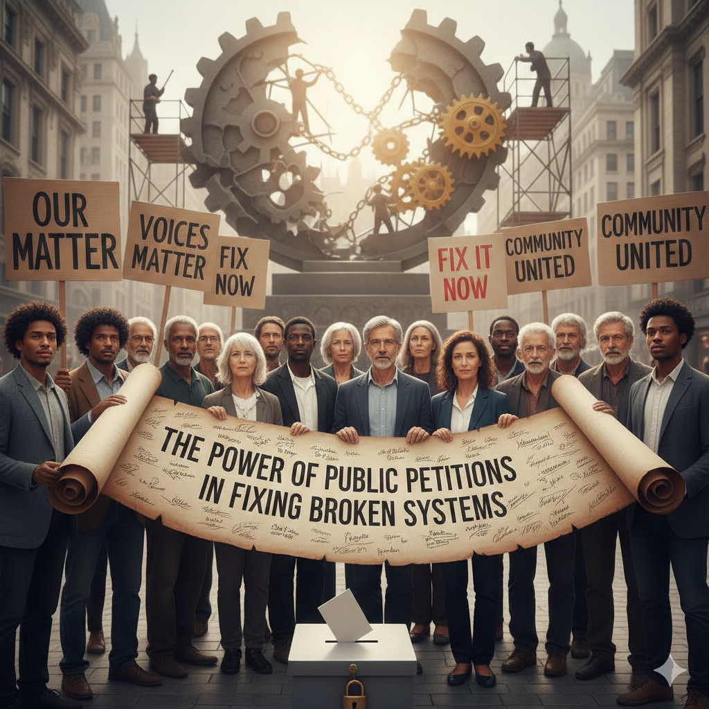 In the background, workers repair a massive, broken stone gear in a city square, symbolizing civic reform and collective action.