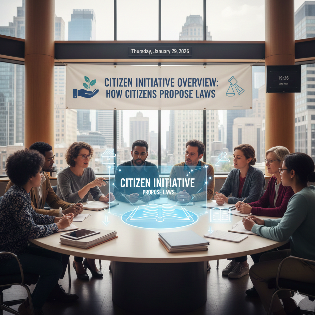 A group of diverse citizens sitting around a circular table in a modern office, discussing a legislative proposal with a digital holographic book and a banner reading "Citizen Initiative Overview: How Citizens Propose Laws."