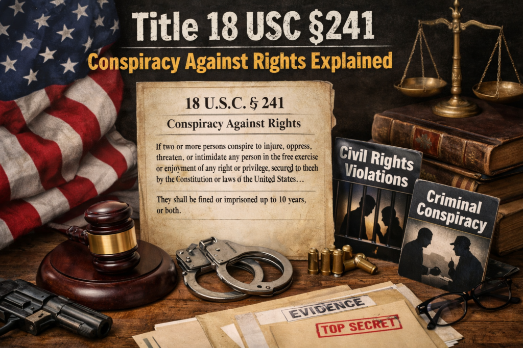 Realistic legal scene illustrating Title 18 USC §241 with court symbols representing protection of constitutional rights.