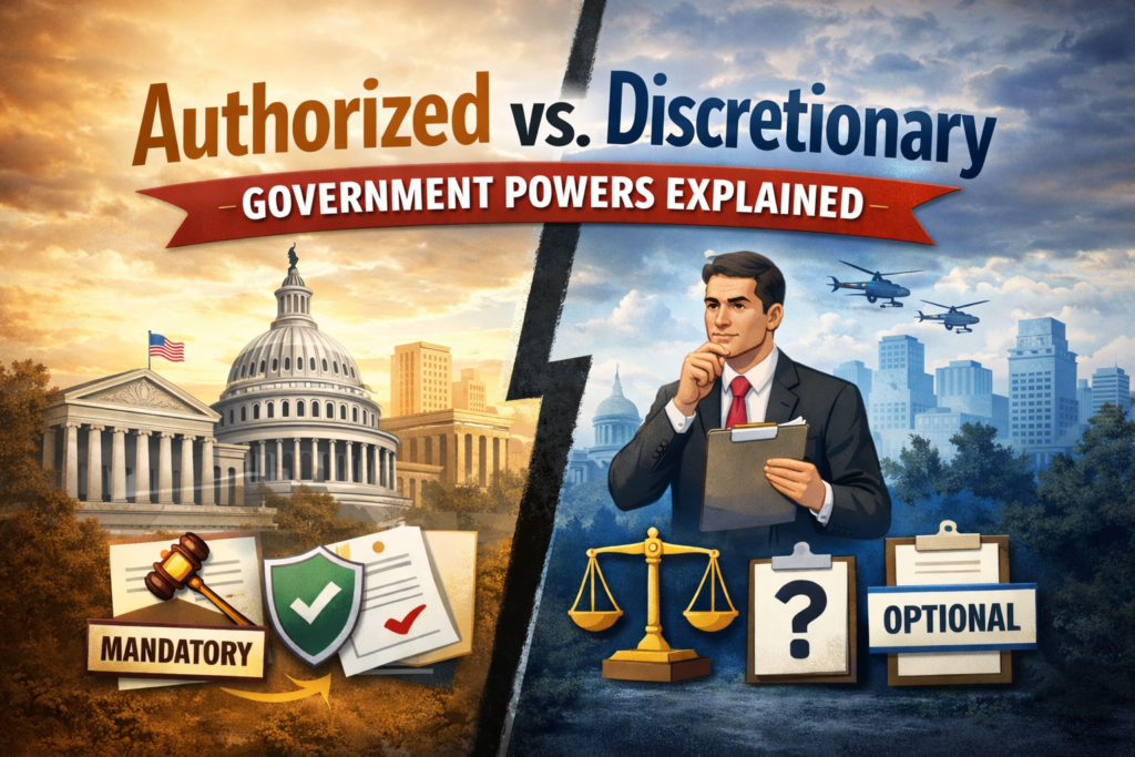 Realistic illustration explaining authorized vs discretionary government powers and how constitutional rights guide mandatory laws versus optional government decisions.