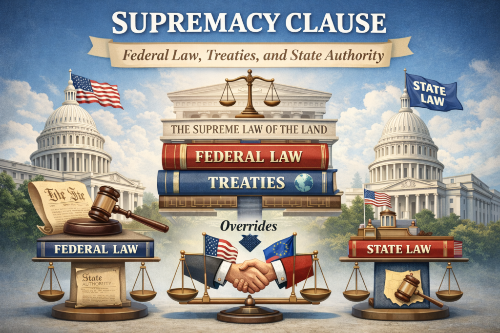 Illustration explaining constitutional rights under the Supremacy Clause, showing federal law and treaties as the supreme law of the land overriding state authority in the United States.