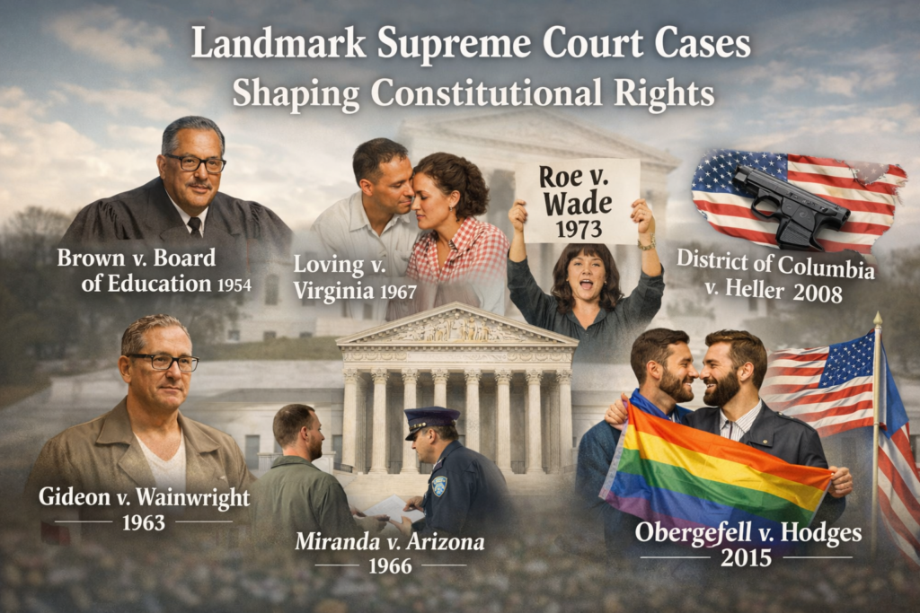 Realistic illustration of the U.S. Supreme Court building representing landmark Supreme Court cases that shaped constitutional rights in American history.