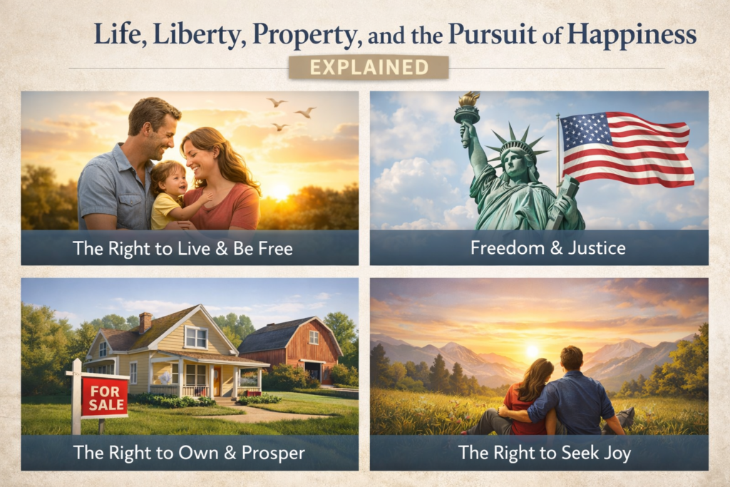 Realistic illustration explaining constitutional rights through life, liberty, property ownership, and the pursuit of happiness in a simple and modern visual layout