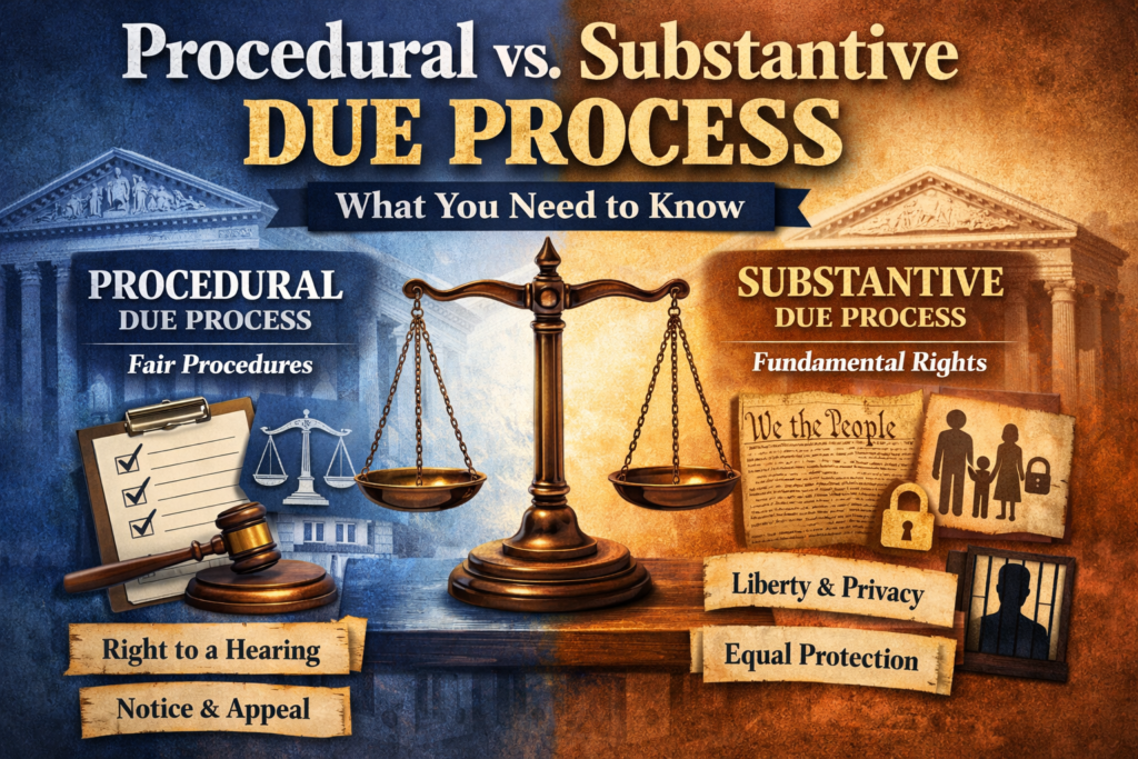 Procedural vs substantive due process illustration highlighting constitutional rights, fairness, and fundamental freedoms under U.S. law.