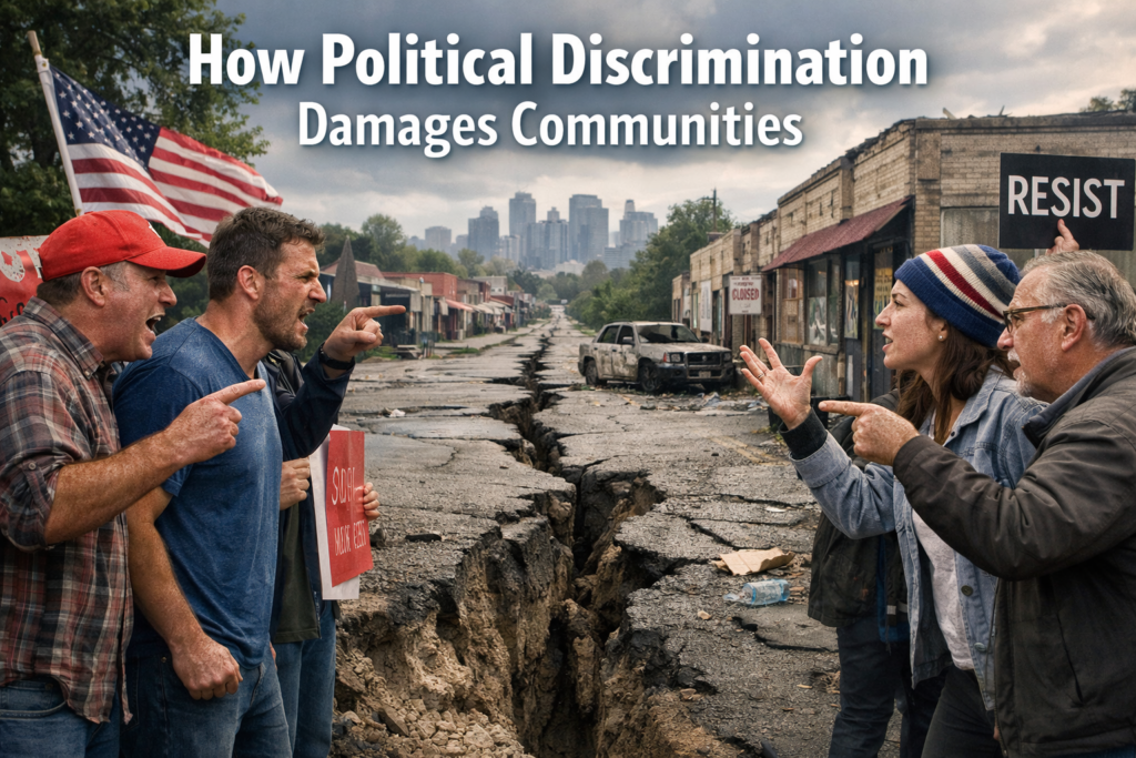 Community members divided by political discrimination highlighting how constitutional rights are impacted and social unity is damaged.