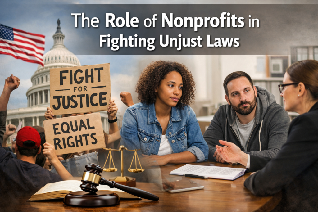 Nonprofit organizations advocating for constitutional rights by challenging unjust laws through peaceful protest, legal action, and community engagement.