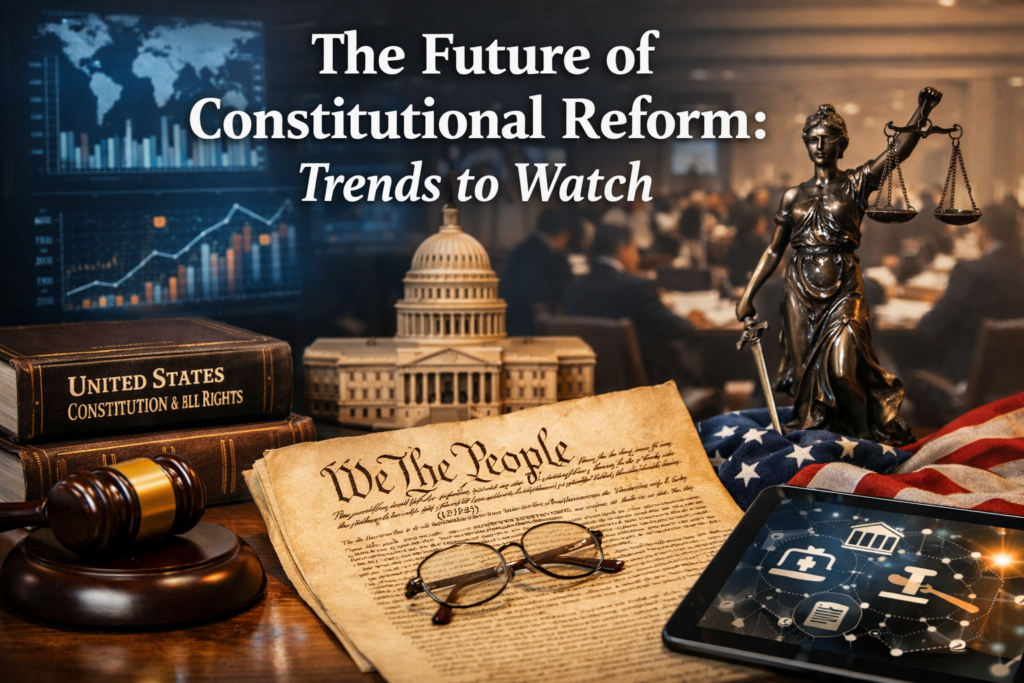 Visual representation of constitutional rights showing the U.S. Constitution, Lady Justice, a gavel, and modern governance symbols highlighting the future of constitutional reform.