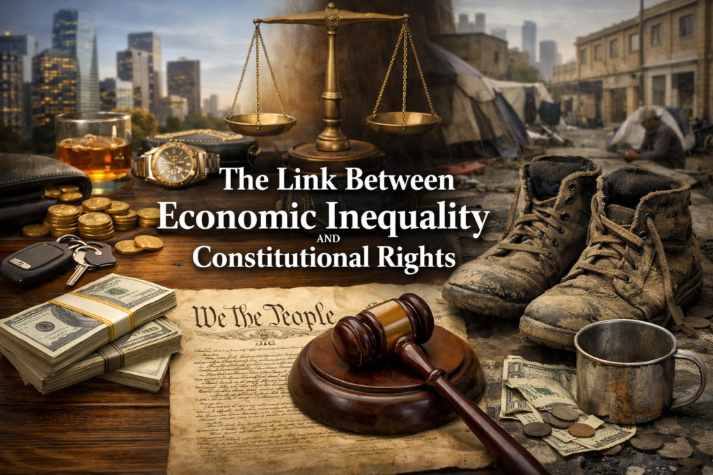 Visual representation of economic inequality showing wealth disparity and its impact on constitutional rights through justice symbols and social contrast