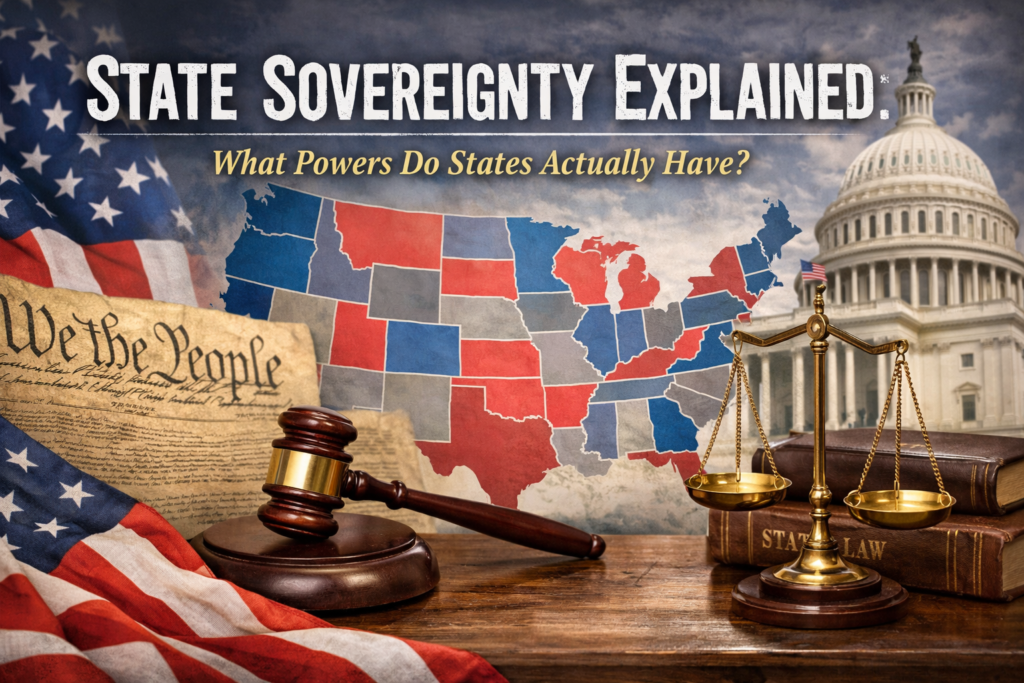State sovereignty illustrated through U.S. map, Constitution, and justice symbols representing constitutional rights and the powers reserved to individual states