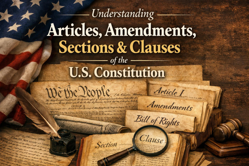 Visual guide to constitutional rights showing the structure of the U.S. Constitution with articles, amendments, sections, and clauses.