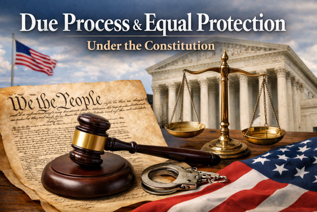 Constitutional rights illustrated through due process and equal protection, featuring the U.S. Constitution, scales of justice, a judge’s gavel, and the Supreme Court building symbolizing fairness and equal law under the Constitution.