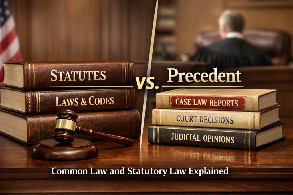 Statutes and legal precedent shown through law books and a courtroom scene explaining how laws and court decisions protect constitutional rights.